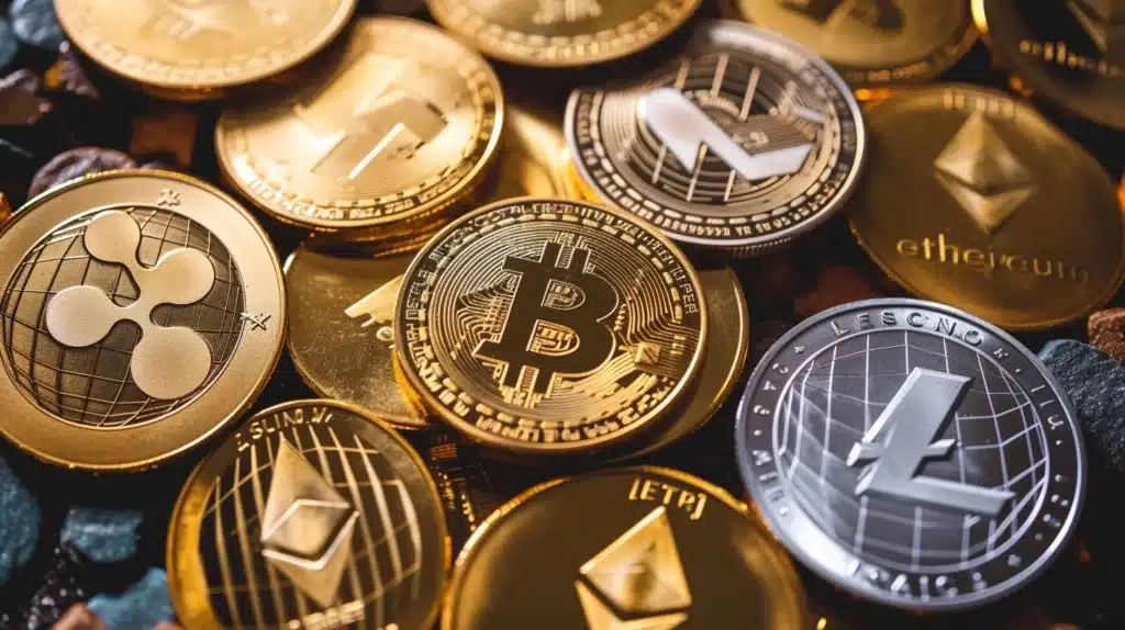 Símbolos de criptomoedas Bitcoin, Ethereum e Solana