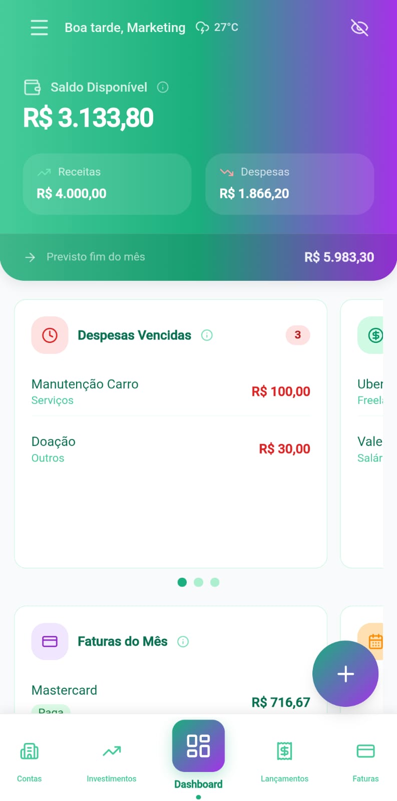 Dashboard do Fylow mostrando saldo, receitas, despesas e faturas do mês