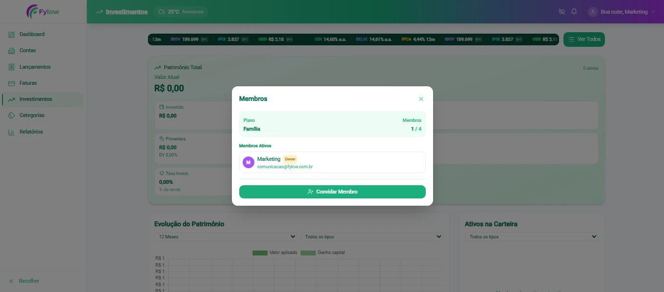 Workspace compartilhado do Fylow com múltiplos membros da família