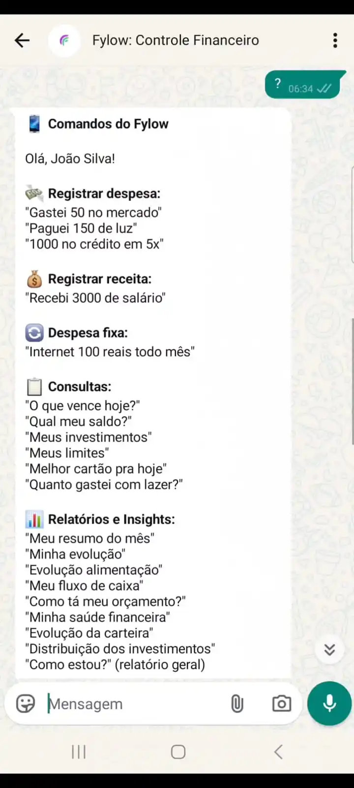 Assistente de IA do Fylow no WhatsApp mostrando conversa com lançamento de gastos e consulta de saldo